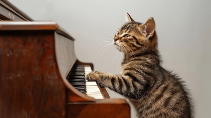 Poster - A tabby kitten plays a small piano.