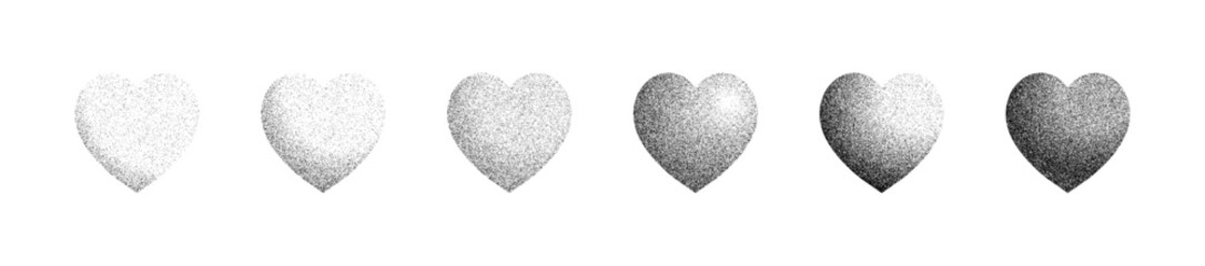 The texture grain noise gradient hearts set is isolated on the white background, gradient halftone vector texture, grit sand noise overlay, spray, and shadows effect illustration.
