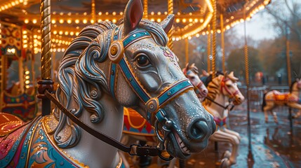 Detailed close-up of a carousel horse's head with ornate decorations and vivid colors