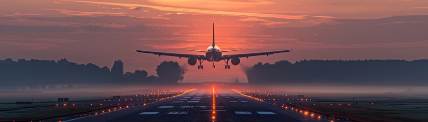 Silhouetted Airplane on Final Approach during Sunrise Landing