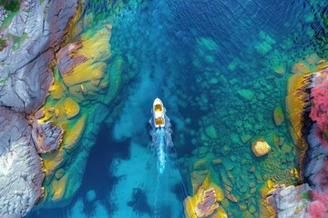 Wall Mural - Aerial view of a boat sailing on crystal clear blue waters surrounded by vibrant, colorful rocks in a stunning landscape.