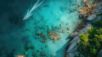 Wall Mural - Aerial view of a boat sailing on crystal clear turquoise water near a rocky shore and green trees, a perfect summer escape scene.