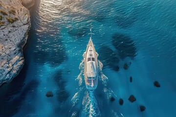 Wall Mural - Aerial view of a luxurious yacht sailing in clear blue waters near rocky cliffs on a sunny day.