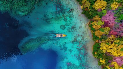 Wall Mural - Aerial view of a boat cruising on vibrant turquoise water next to a colorful shoreline with lush foliage during autumn.