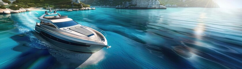 Wall Mural - Luxurious yacht cruising through crystal clear turquoise waters near a scenic coastline, offering a blissful maritime journey.