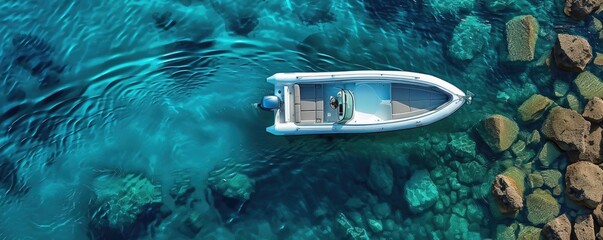 Wall Mural - Aerial view of a white boat on crystal clear blue water near rocks. Perfect for travel and marine themes.