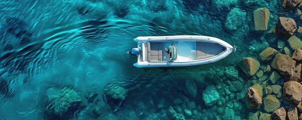 Sticker - Aerial view of a white boat on crystal clear blue water near rocks. Perfect for travel and marine themes.