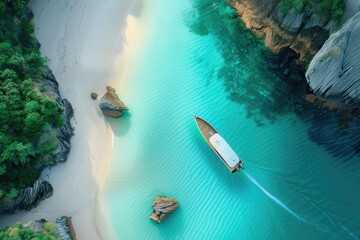 Wall Mural - Aerial view of a beautiful turquoise bay with a boat sailing through clear waters surrounded by lush greenery and rocky formations.