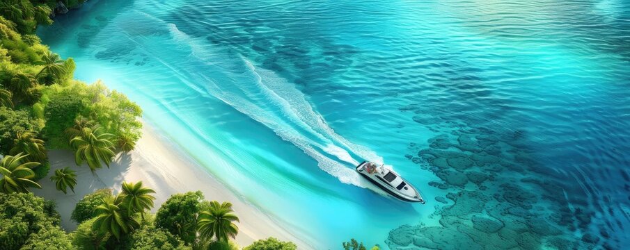 Aerial view of a speedboat cruising along a tropical beach with clear turquoise waters and lush greenery. Perfect for vacation and travel concepts.