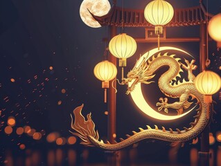 Wall Mural - A dragon is depicted on a moonlit night with lanterns hanging above it. The scene has a mystical and enchanting mood, evoking a sense of wonder and magic