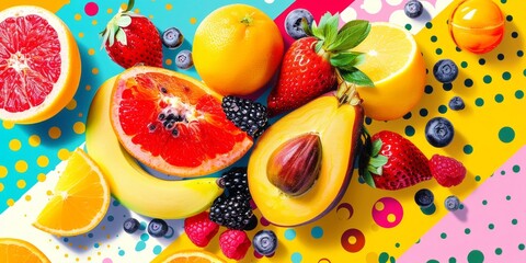 Colorful Summer Fruits and Berries on Vibrant Pop Art Background