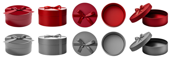 Wall Mural - 2 Set of red maroon grey gray gift present round circle box with bow ribbon on transparent cutout PNG. Mockup template for artwork design. open close top side flat lay view many different angle