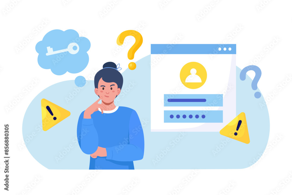 Confused woman forgetting her password for web page. User assistance ...