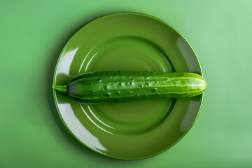 Wall Mural - cucumber on a green plate on a green background	