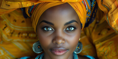 Wall Mural - Portrait of young beautiful African in yellow ethnic headwear.