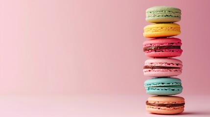 Wall Mural - Colorful macarons stacked in a tower on a pink background.