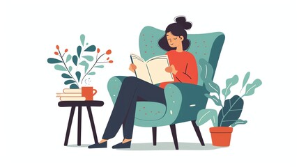 Canvas Print - A woman is sitting in a green armchair, reading a book.