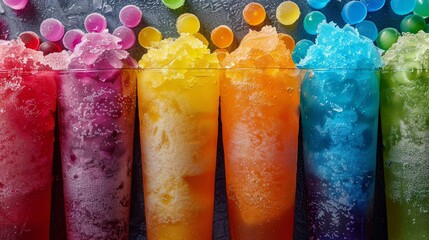 Array of colorful Kool-Aid slushies, each in different vibrant colors, designed to quench thirst instantly, raw texture, refreshing look