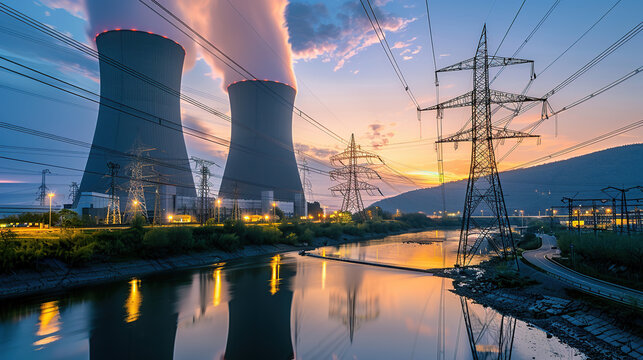 Nuclear power plant with two towers, glowing in the dusk light near river and highvoltage lines