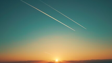 Wall Mural - A sunset with airplane contrails in the sky.