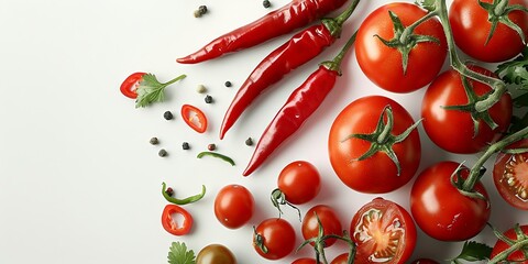 Fresh Organic Tomatoes and Chili Peppers on White Background