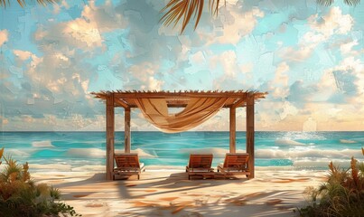 Wall Mural - Beach cabana with lounge chairs