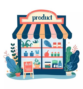 simple flat color vector art of an outdoor market shop front with a sign saying 
