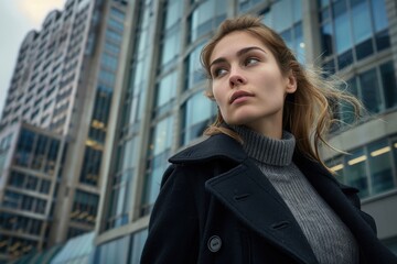 Wall Mural - A woman wearing a black coat and a gray sweater stands in front of a tall building. She looks up at the sky and she is lost in thought