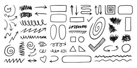 Poster - Set of freehand doodles, arrows, different signs and symbols, graphic design decorations. Vector illustration.