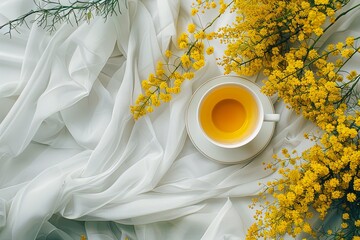 Sticker - 21h A cup of lemon tea surrounded in the style of mimosa flowers, white tablecloth background, top view