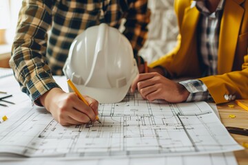 Architects working on blueprints. Detailed plan of construction drawings. Hands of engineers with pencil and hard hat. Collaborative workspace filled with creative energy and focus. Generative AI