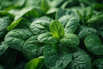 A detailed shot of a bunch of fresh spinach leaves, showing the texture and vibrant green color. 