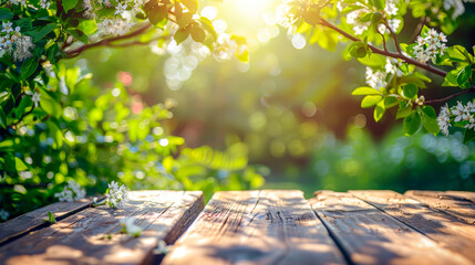 Spring background with green lush and flowering branches with an empty wooden table on nature outdoors in sunlight in garden