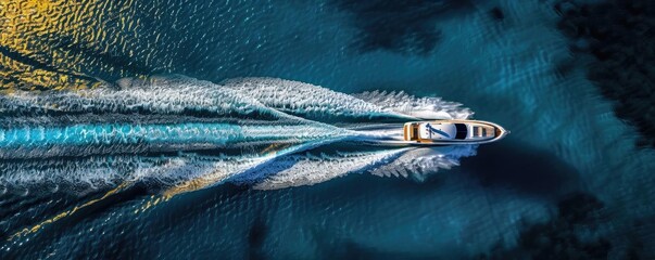 Wall Mural - Aerial view of a speedboat cruising through vibrant blue waters, leaving dynamic white trails in its wake, highlighting the beauty of ocean travel.