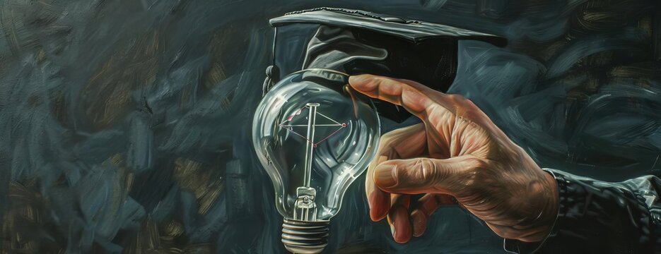 High-angle, close-up shot, hand gripping a light bulb donning a graduation cap, set against a chalkboard backdrop, clean copyspace, detailed digital painting, emphasizing textures and shading