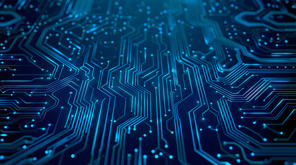 Poster - Thin circuit trace lines in blue on a dark technology background. Abstract digital tech bg. Electronics and computer technology concept. Chip and circuit board. Vector illustration. Chip connectors.