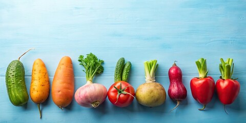 Wall Mural - Row of ripe ugly vegetables including potato, tomato, cucumber, and radish on light blue background, ripe, ugly, vegetables