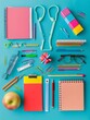 © master old - Flat lay colorful school supplies on blue background. Back to school concept. Top view, overhead