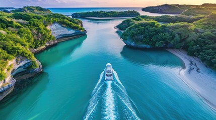 Scenic aerial view of a boat navigating through lush green islands and turquoise waters under a clear sky at sunset, perfect for travel inspirations.