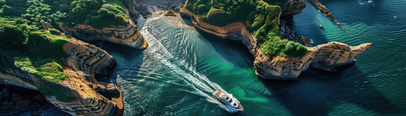 Wall Mural - Aerial view of boat navigating through clear turquoise waters by rocky coastline with lush greenery, showing natural beauty and serene environment.