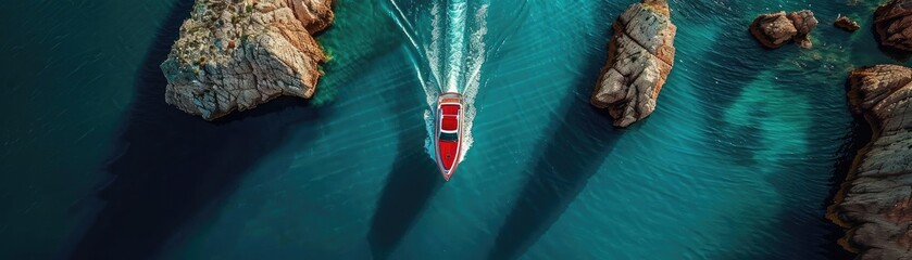 Wall Mural - Aerial view of a red boat cruising through clear turquoise waters between rocky cliffs. Scenic seaside adventure captured in stunning detail.