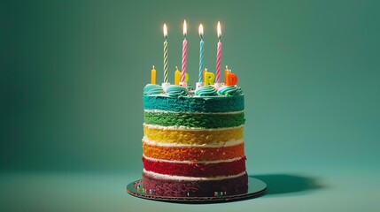 Wall Mural - A rainbow layered cake with lit candles on a turquoise background.