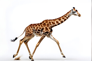 Young child giraffe running, isolated on white background