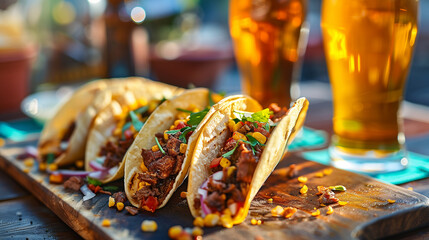 A plate of tacos with a glass of beer on the table