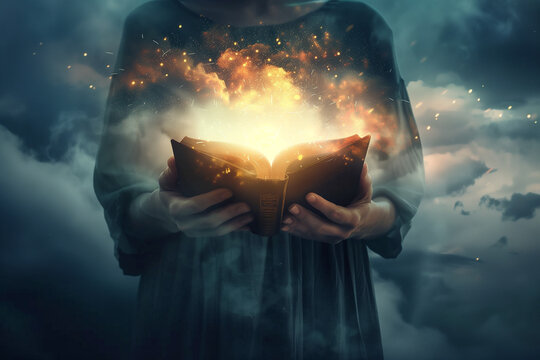 Double Exposure Woman Holding Illuminated Open Bible with Cloud Background