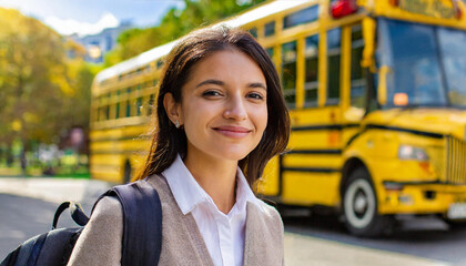 happy woman teenager schoolgirl close up on blurred background of school. return to school September, knowledge day, junior high school, class, schoolchildren, students, autumn