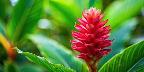Wall Mural - Close-up of a vibrant small shell ginger flower , tropical, botany, plant, blossom, close-up, nature, colorful, petal