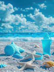 Beach, a blue sunblock, beach toys, bright blue sky background,