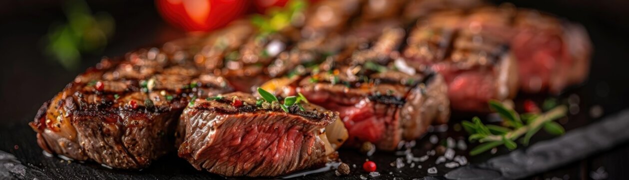 Close-up of juicy, grilled beef steak slices on a dark slate board, garnished with herbs and spices.