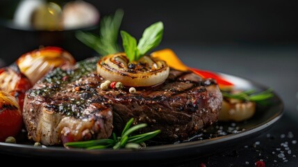 Poster - Juicy grilled steak garnished with herbs and grilled vegetables on a dark plate, perfect for food, gourmet, and culinary presentations.
